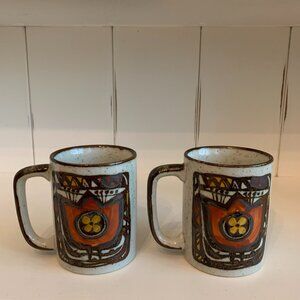 Rare Vintage 1970s Retro Otagiri Folk Art Tulip Coffee/Tea Mugs Set of 2